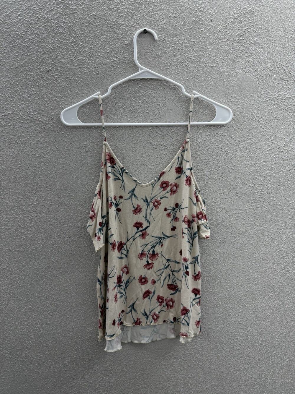American Eagle Womens Shirt XS Cream Floral Cold Shoulder Soft and Sexy Crepe